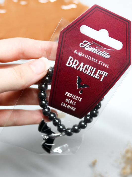 Braccialetto in Ematite con Pipistrello (Sferette) in Acciaio Inox